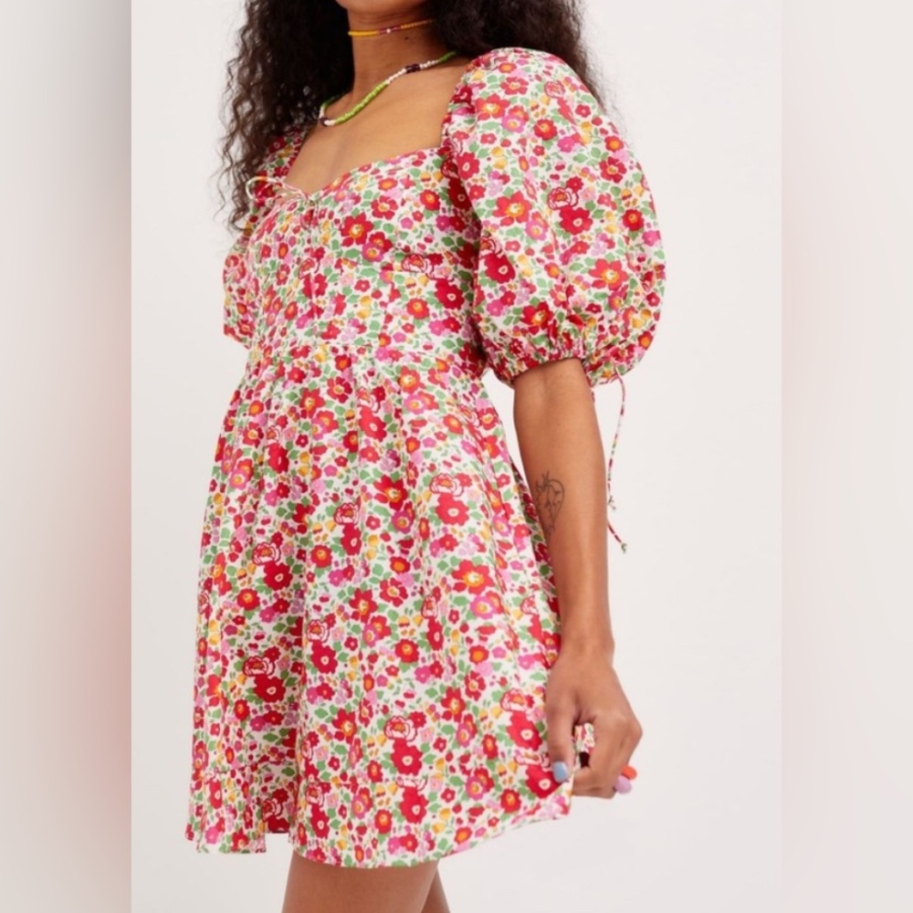 For Love And Lemons Red and Pink Floral Midi Dress